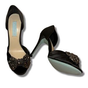 Betsey Johnson Black GOWN Rhinestone Bow Peep Toe Heels 6 1/2 ( 6.5 ) NEW w/ Box
